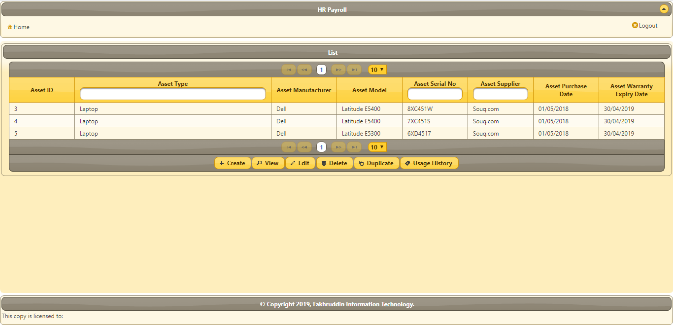 HR Payroll : Asset Management